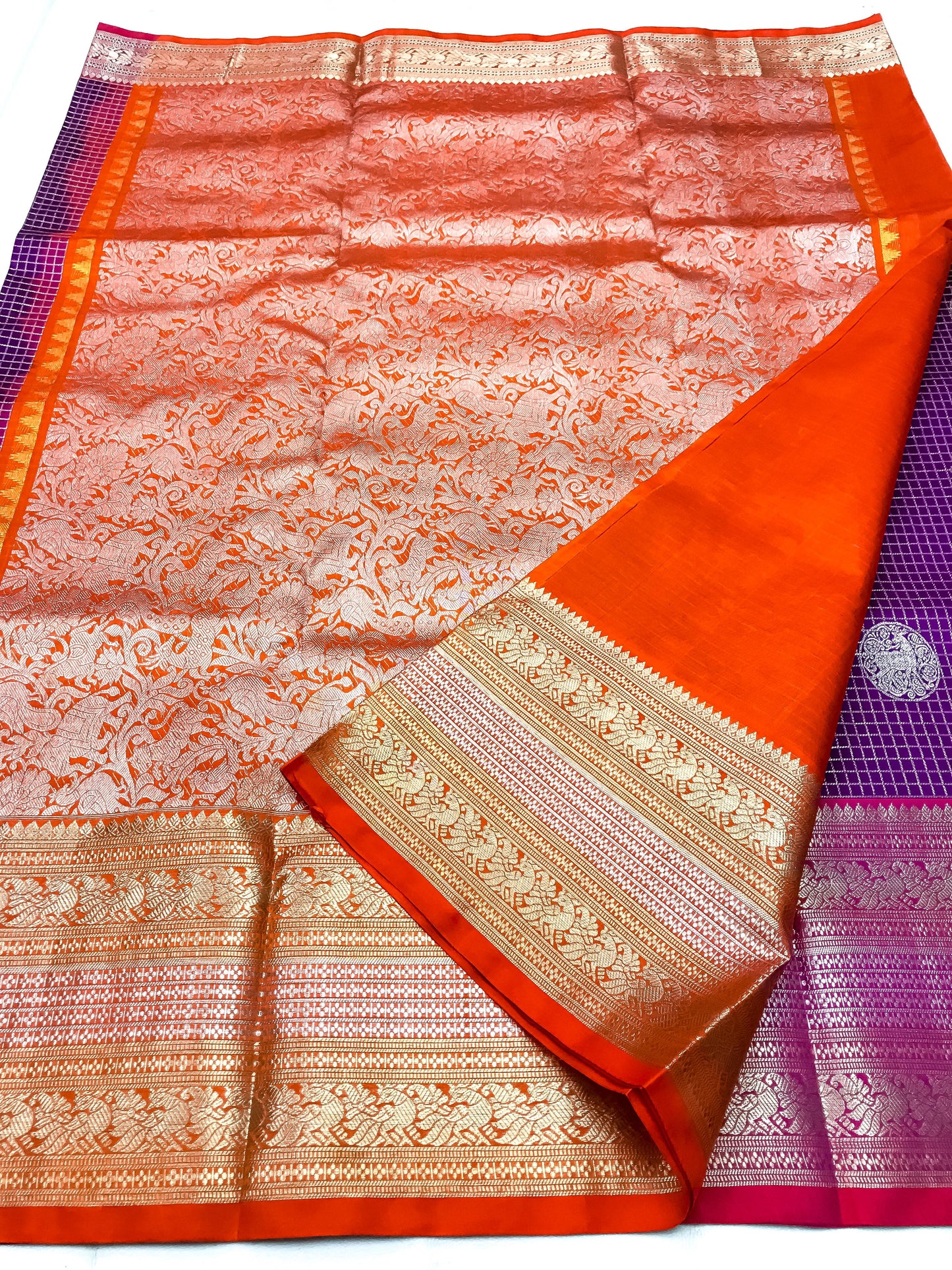 Dark purple with orange Pure Venkatagiri silk sarees