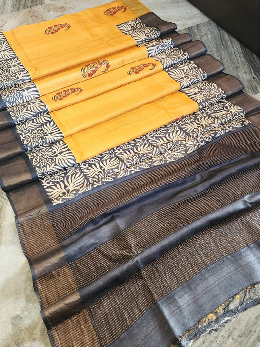 Yellow and gray tussar silk printed sarees