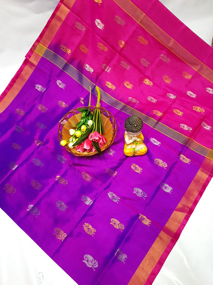 Purple and pink handloom Uppada silk sarees with small border