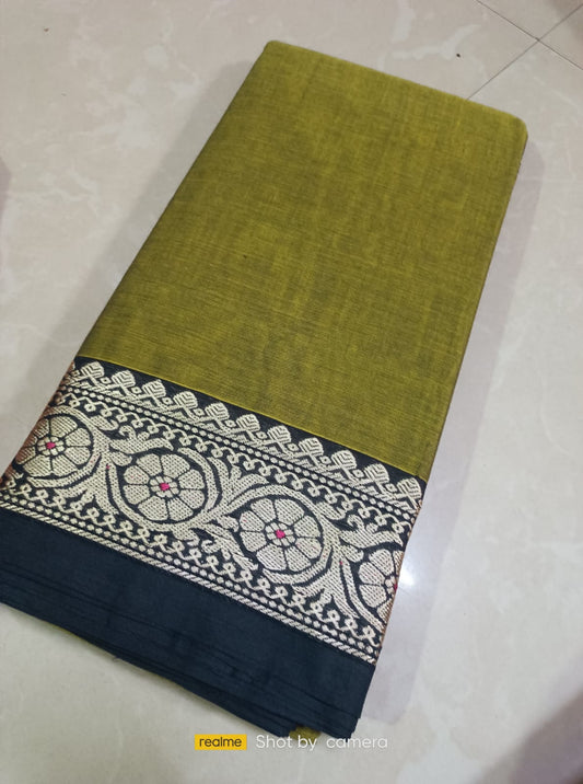 Olive green Narayanpet Cotton sarees with small border