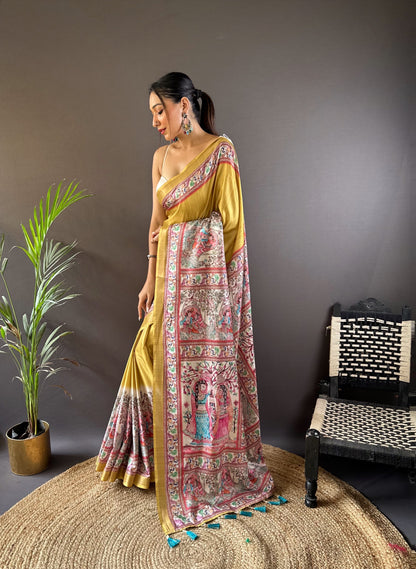 Mustard yellow tussar silk sarees with madhubani print