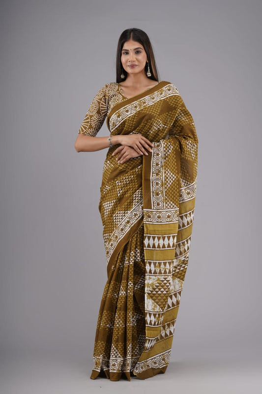 Dark mustard green mulmul cotton sarees