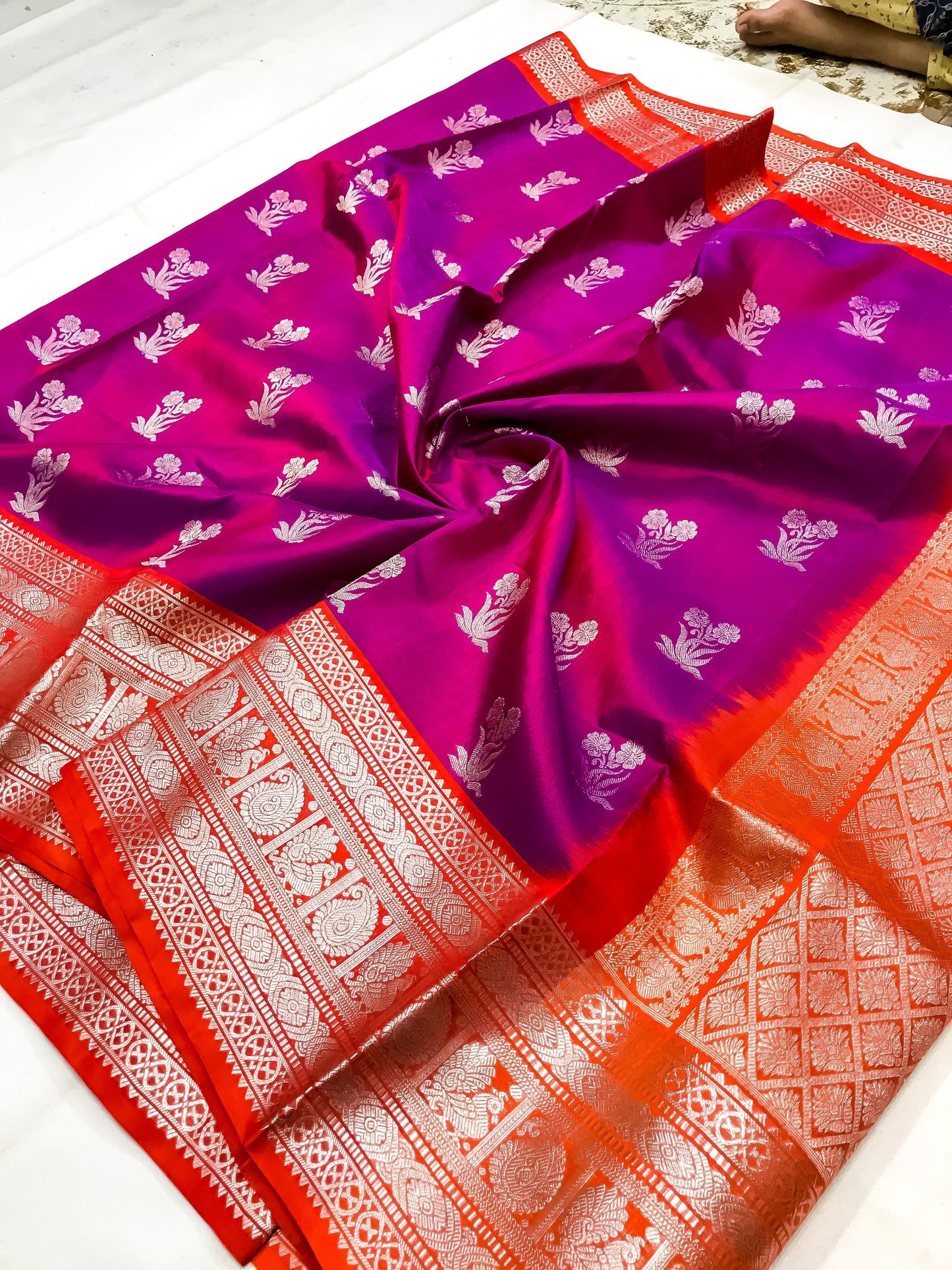 Dark Magenta with orange Pure Venkatagiri silk sarees