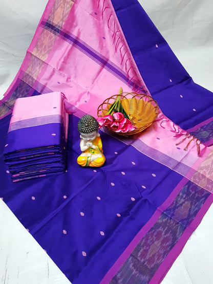 Navy blue and pink Tripura silk sarees with Pochampally border