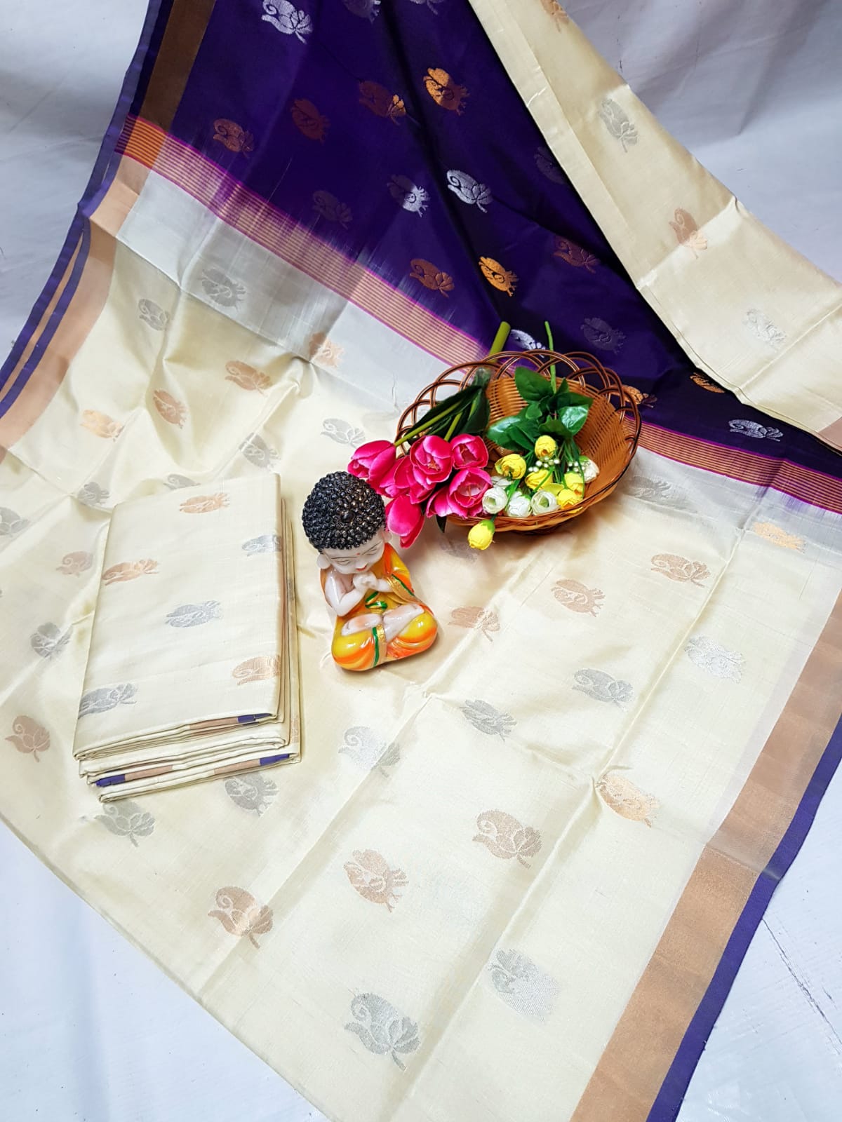 White handloom Uppada silk sarees with small border