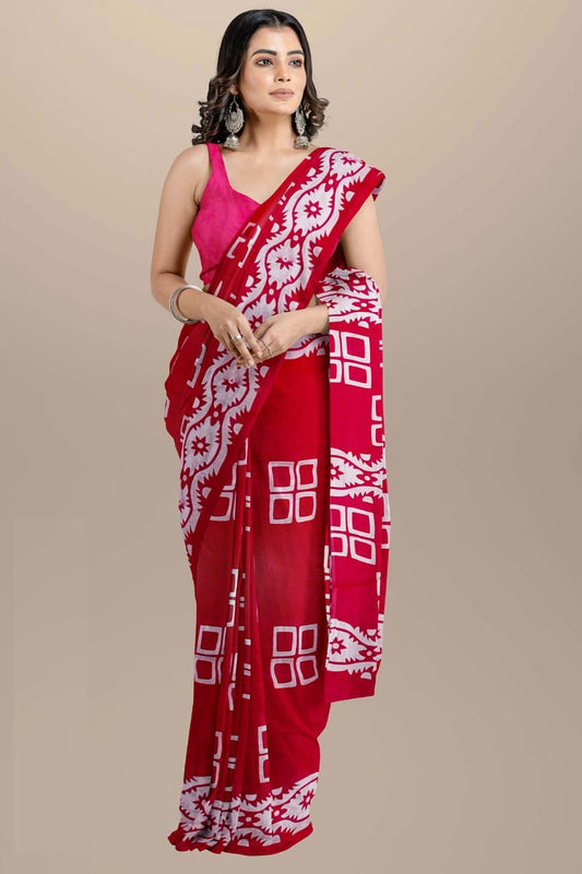 Dark red Handblock printed mulmul cotton sarees