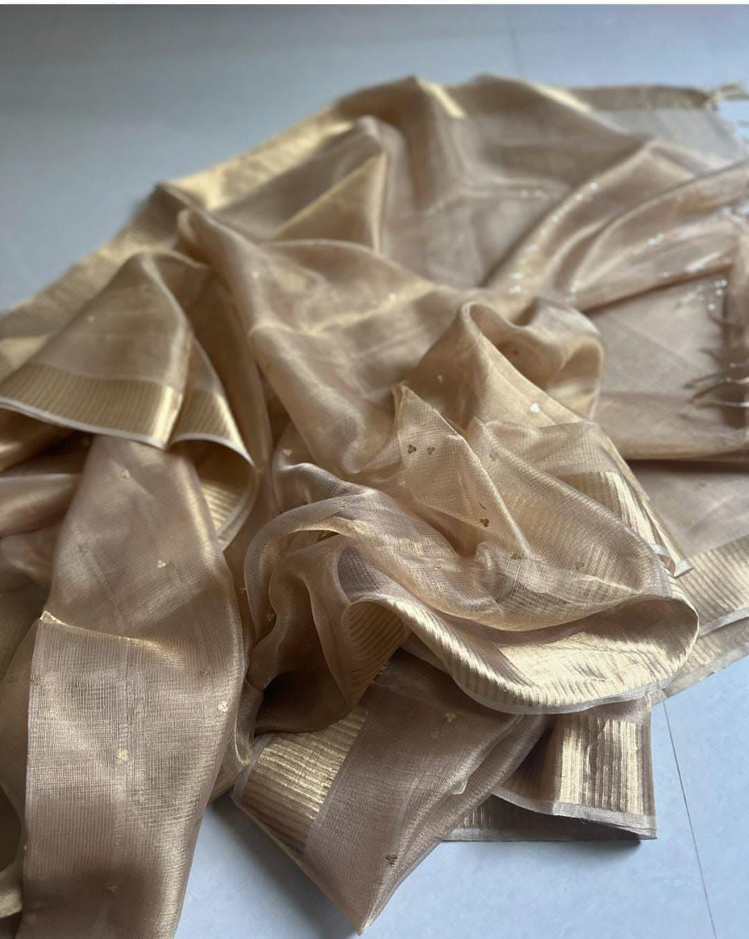 Gold Pure handloom Tussar tissue silk sequence work sarees