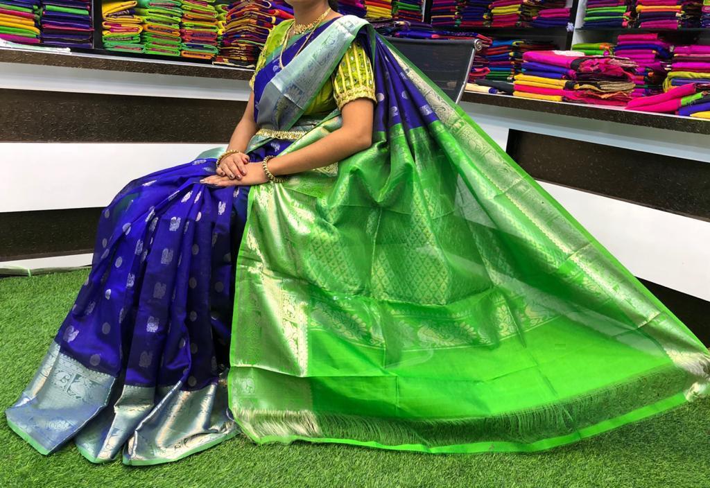 Dark blue and green handloom Kuppadam kanchi border sarees