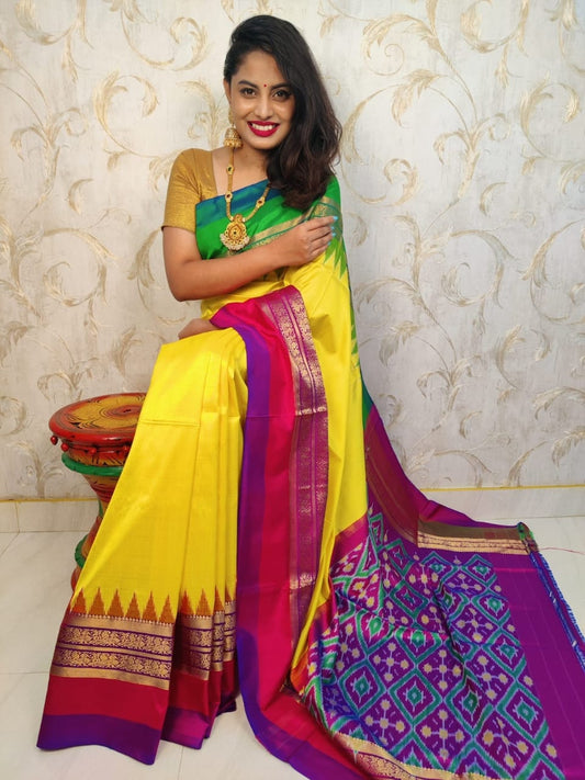 Yellow ikkat silk sarees with jakat kanchi border