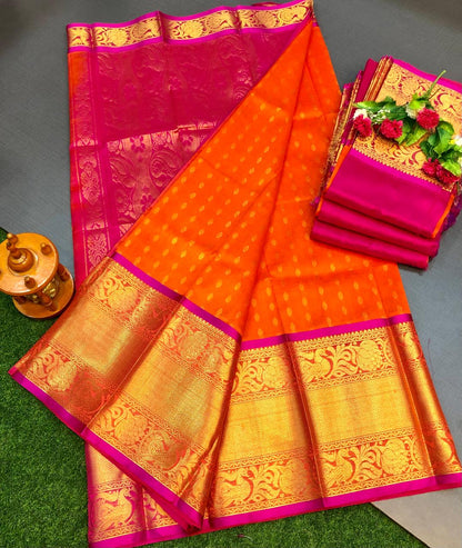 Orange handloom Kuppadam kanchi border sarees