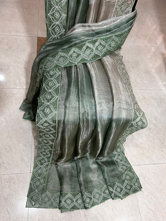 Green Silver cutwork pure tussar tissue silk sarees