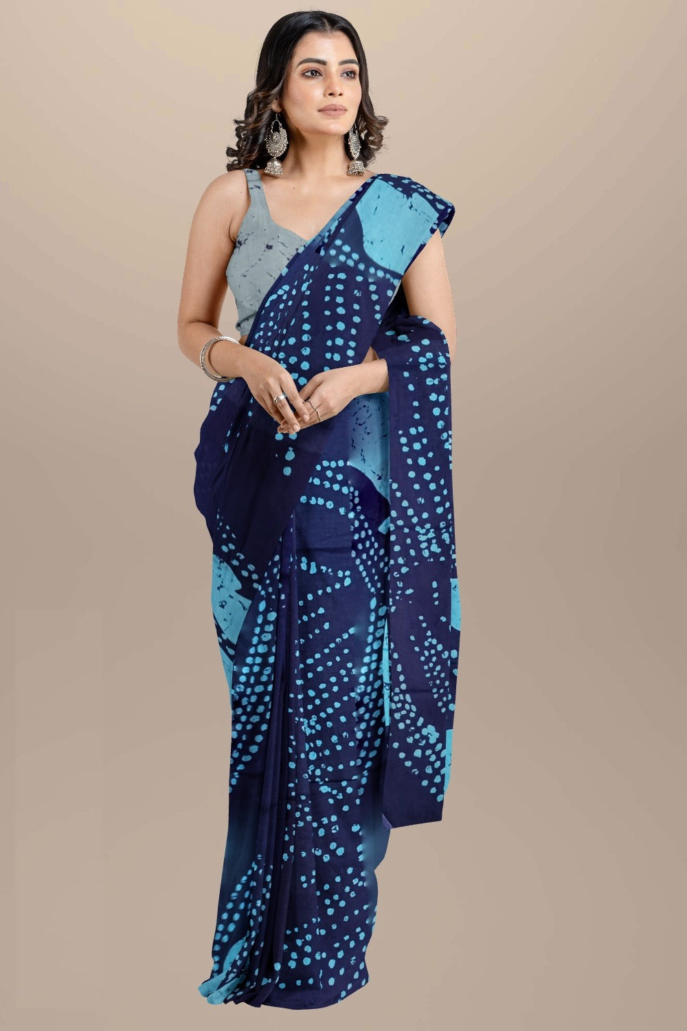 Navy blue and light blue Handblock printed mulmul cotton sarees