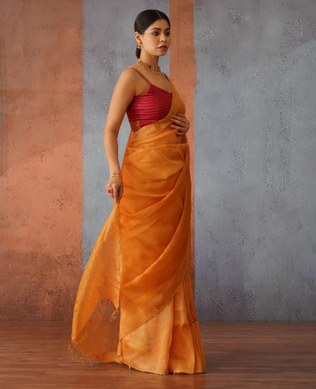 Orange festive wear silk linen sarees