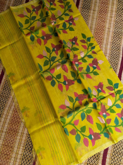 Mustard yellow handwoven muslin jamdani sarees