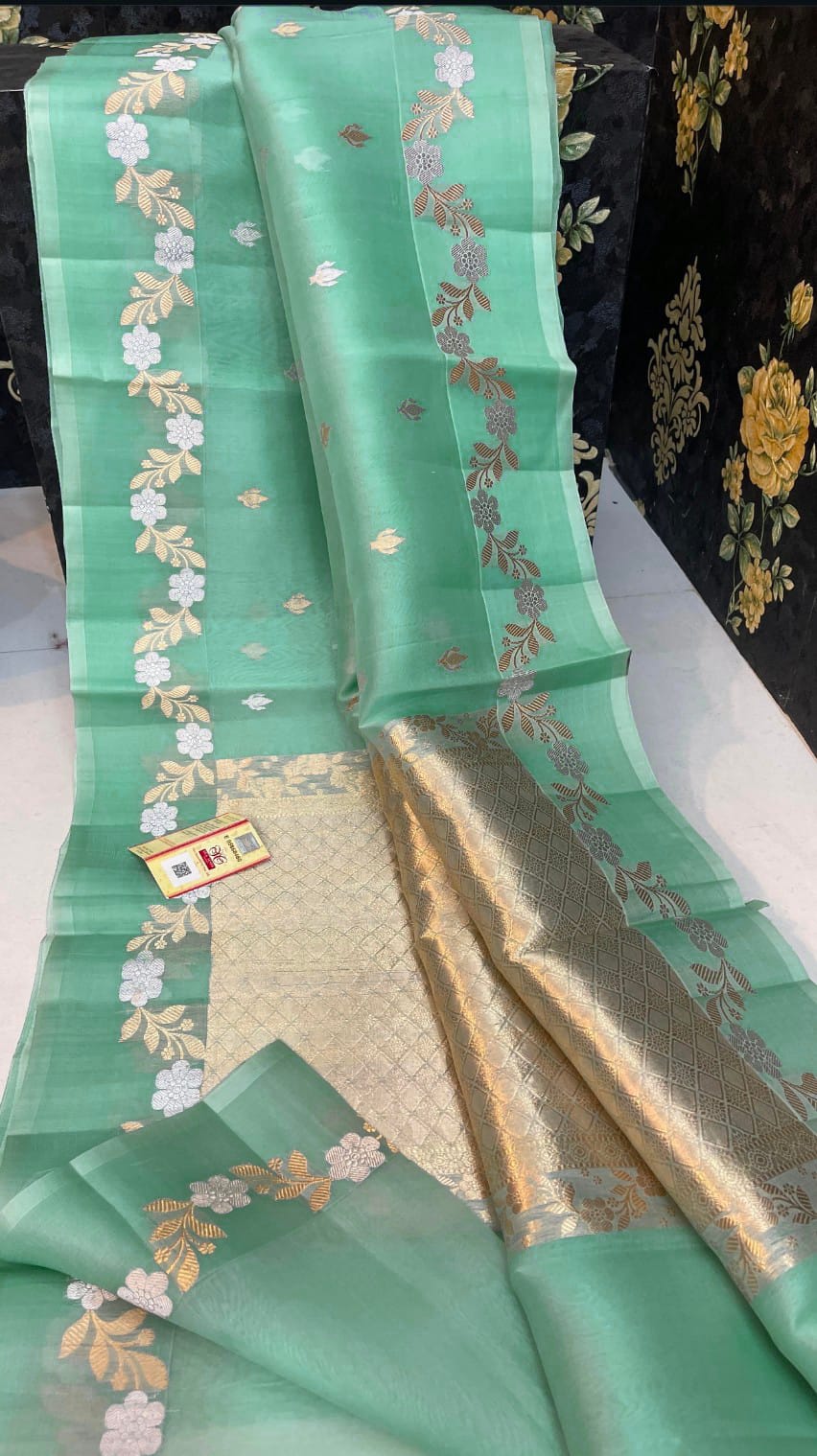 Sea green Banarasi kora organza sarees