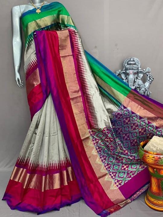 Light gray pochampally ikkat silk sarees