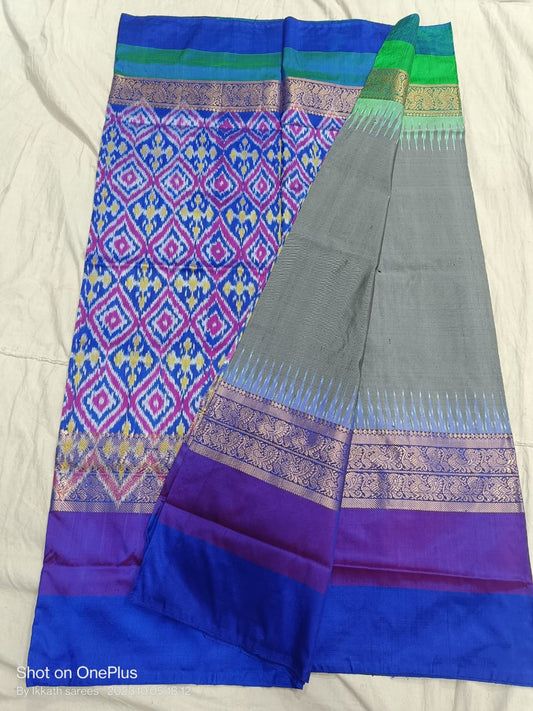 Gray ikkat silk sarees with jakat kanchi border