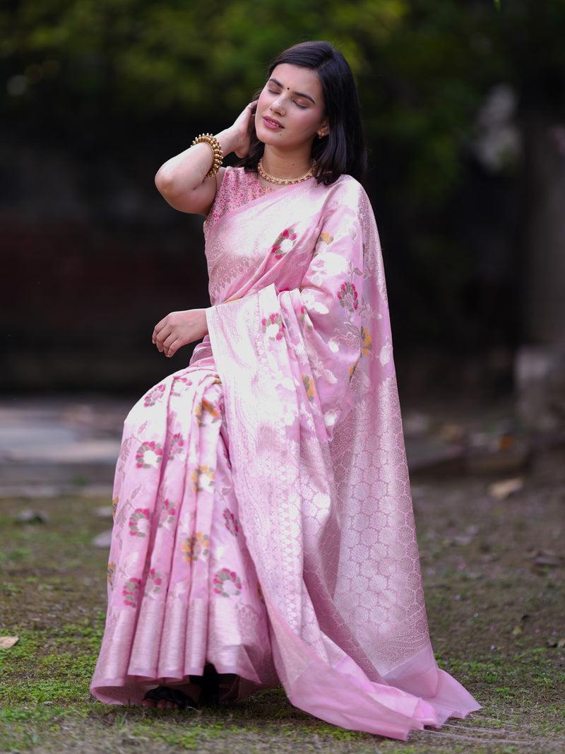 Light pink Banarasi semi georgette silk sarees