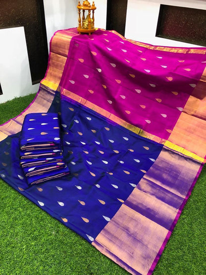 Navy blue and Pink Uppada small Jamdani butta Sarees