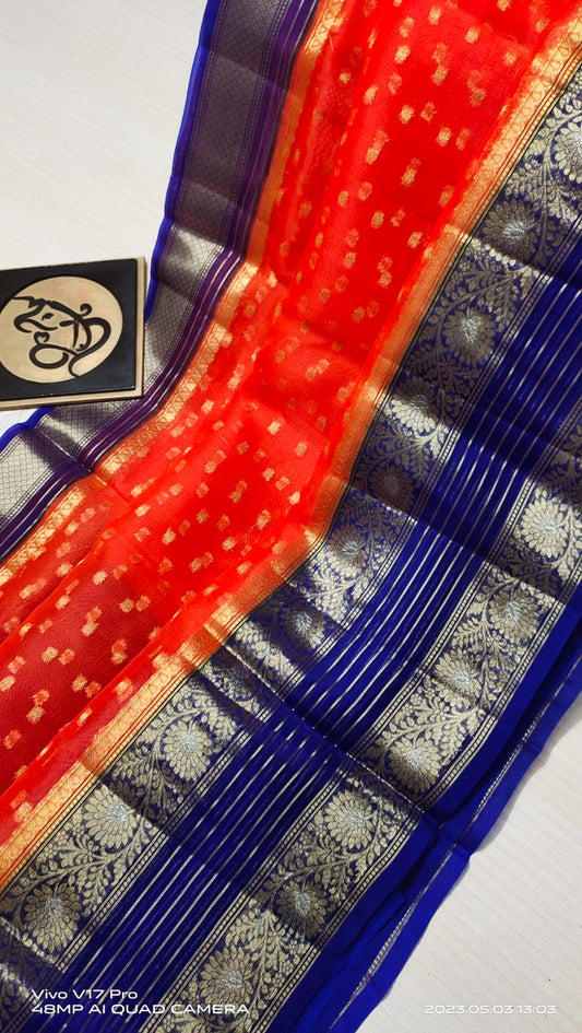 Orange with Navy blue Banarasi kora organza silk sarees