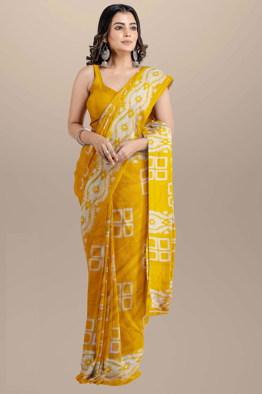 Yellow Handblock printed mulmul cotton sarees