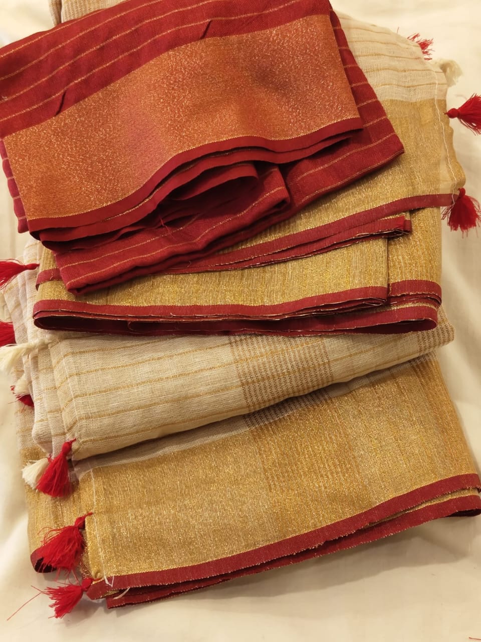 Beige linen checks sarees