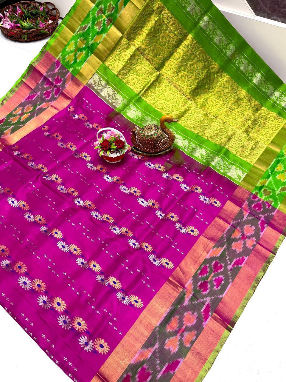 Dark pink and green Uppada sarees with pochampally border