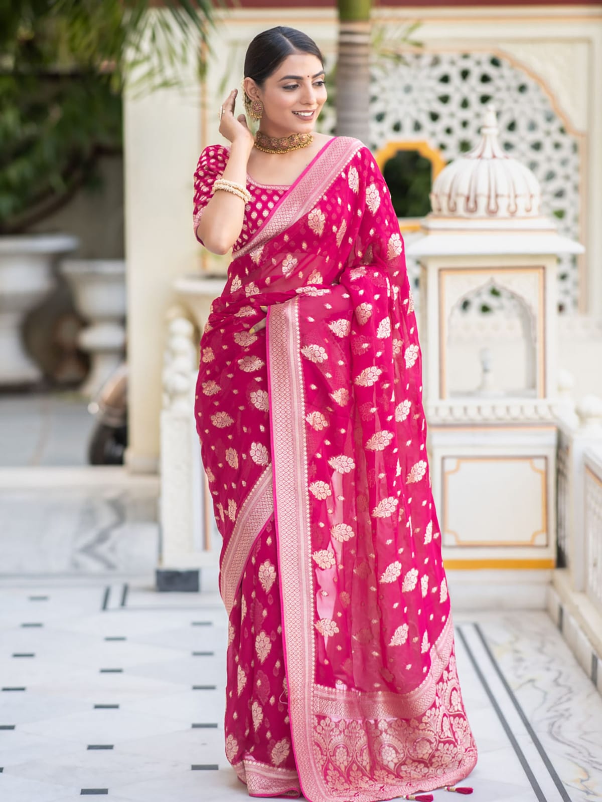 Pink Banarasi semi georgette silk sarees