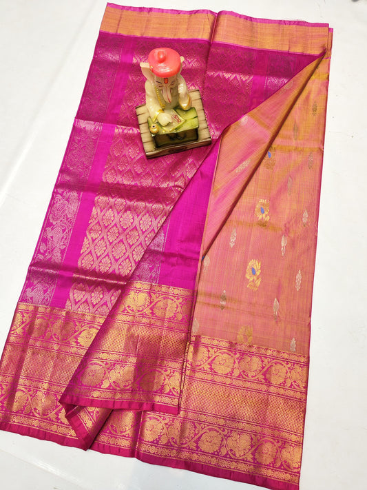 Golden pink uppada silk sarees with kanchi border