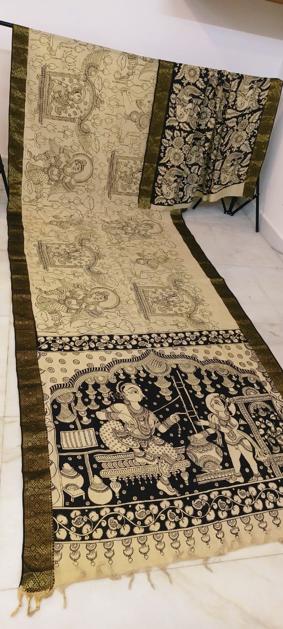 Black and white mangalagiri pen kalamkari sarees