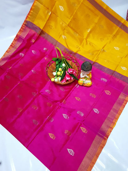 Dark pink handloom Uppada silk sarees with small border