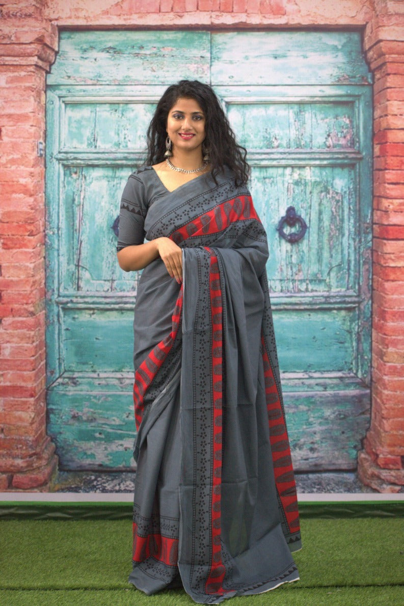 Dark grey mulmul cotton sarees