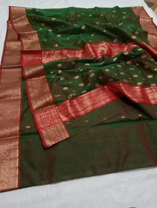 Bottle green chanderi katan silk sarees