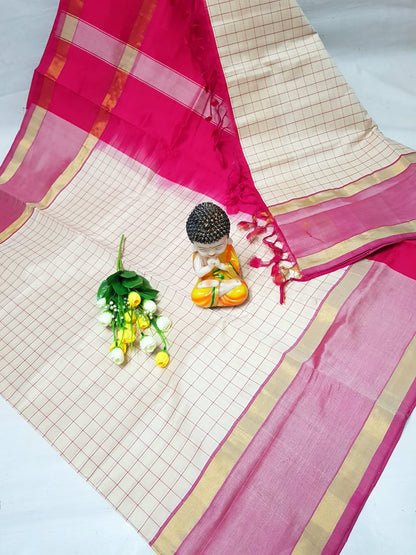 Cream and pink Tripura silk mahanati checks sarees