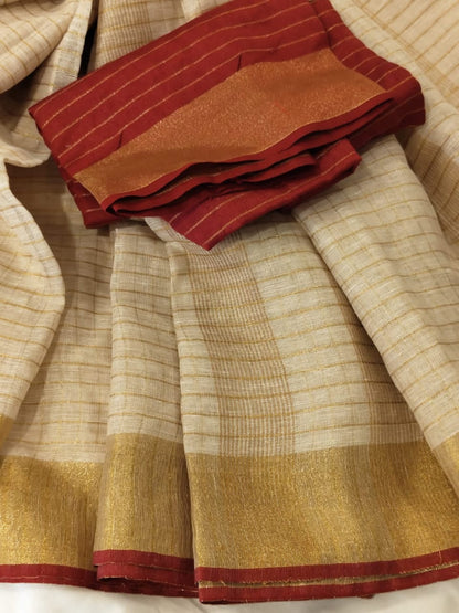 Beige linen checks sarees