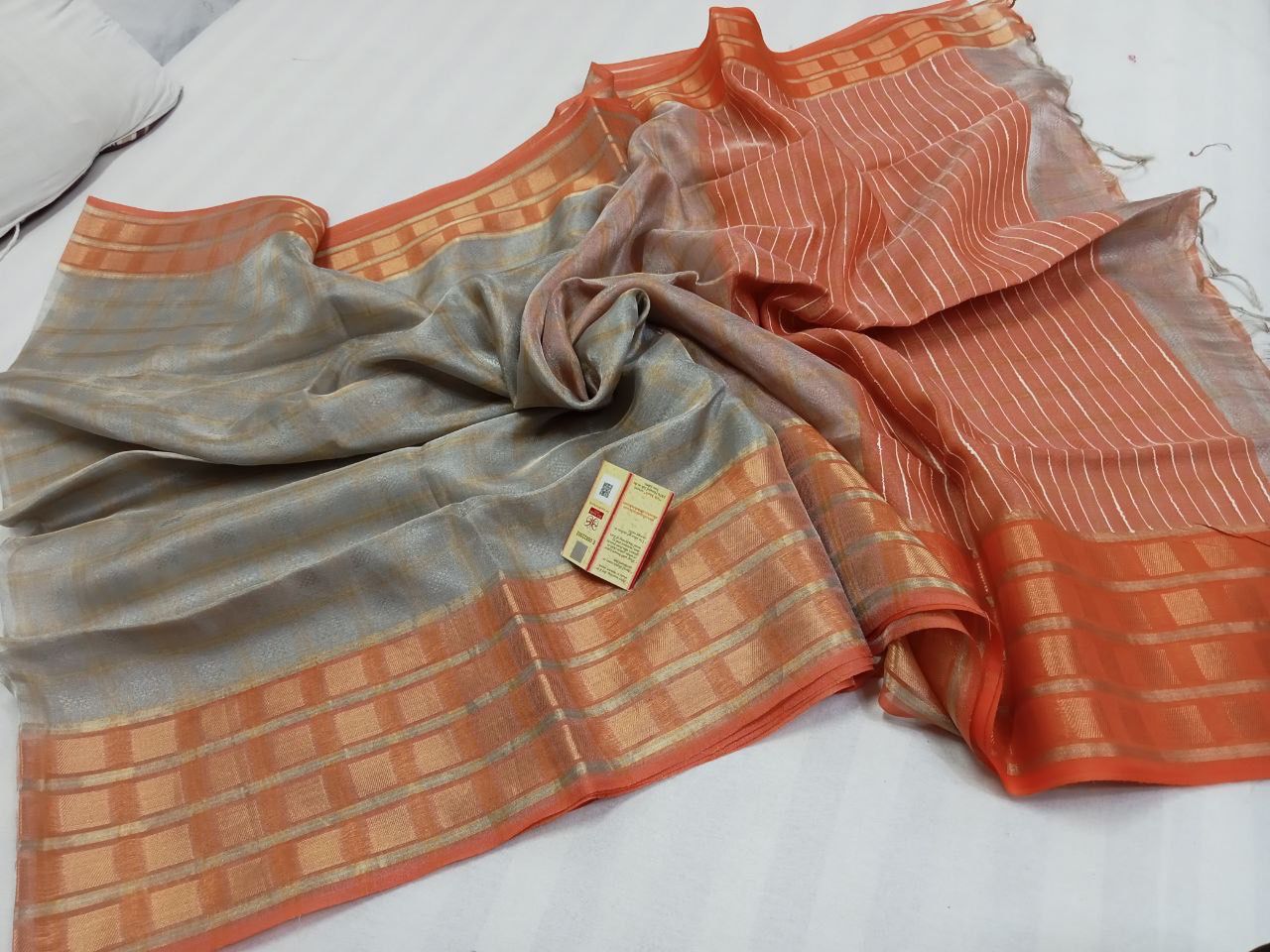 Silver with orange Pure handloom Tussar tissue silk sarees