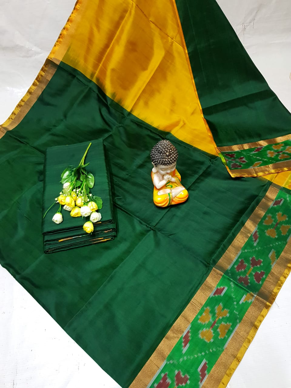 Bottle green Uppada sarees with small pochampally border