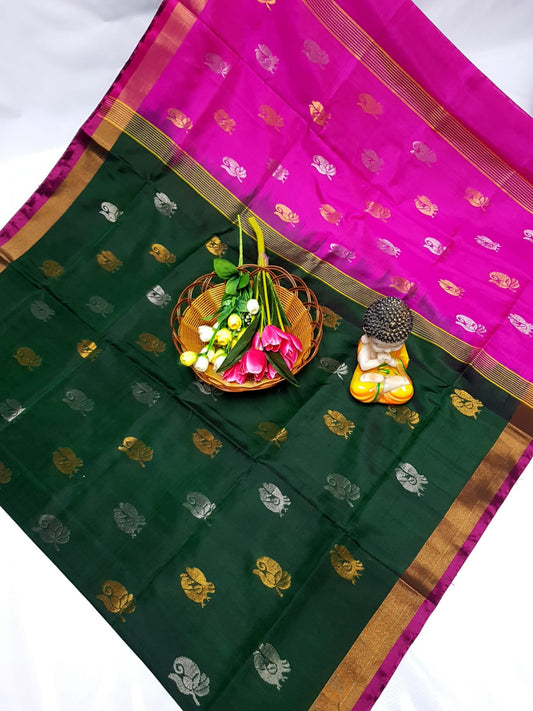 Bottle green and pink handloom Uppada silk sarees with small border