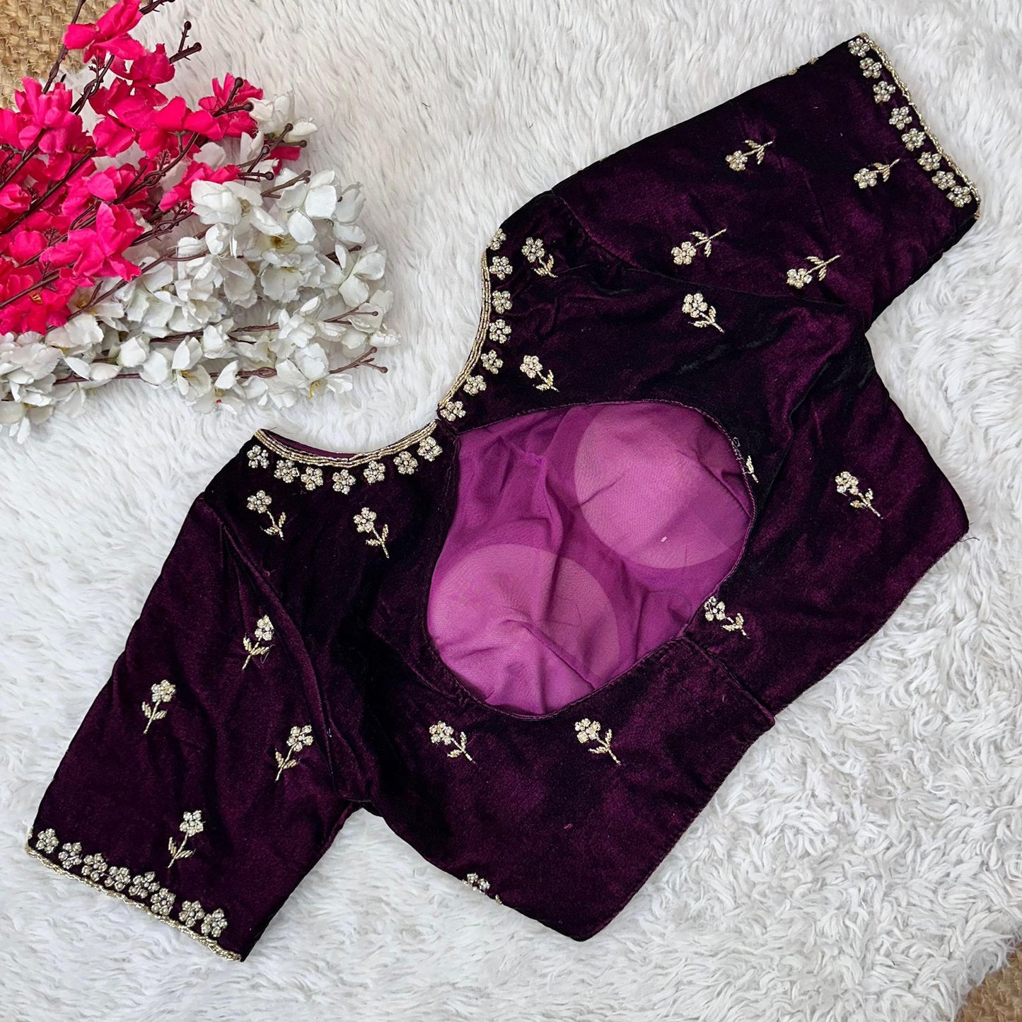 Wine readymade velvet pearl work blouse