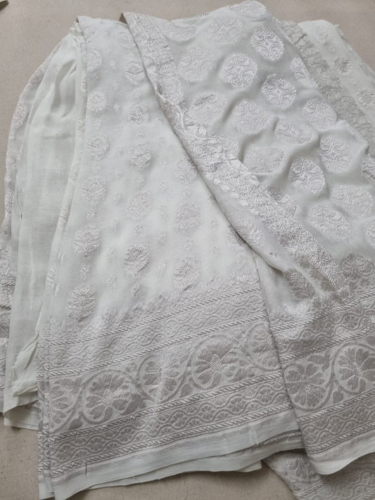 Cream pure handloom banarasi khaddi georgette sarees