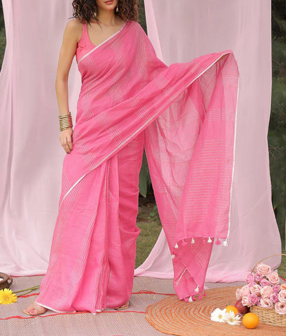 Pink linen striped sarees