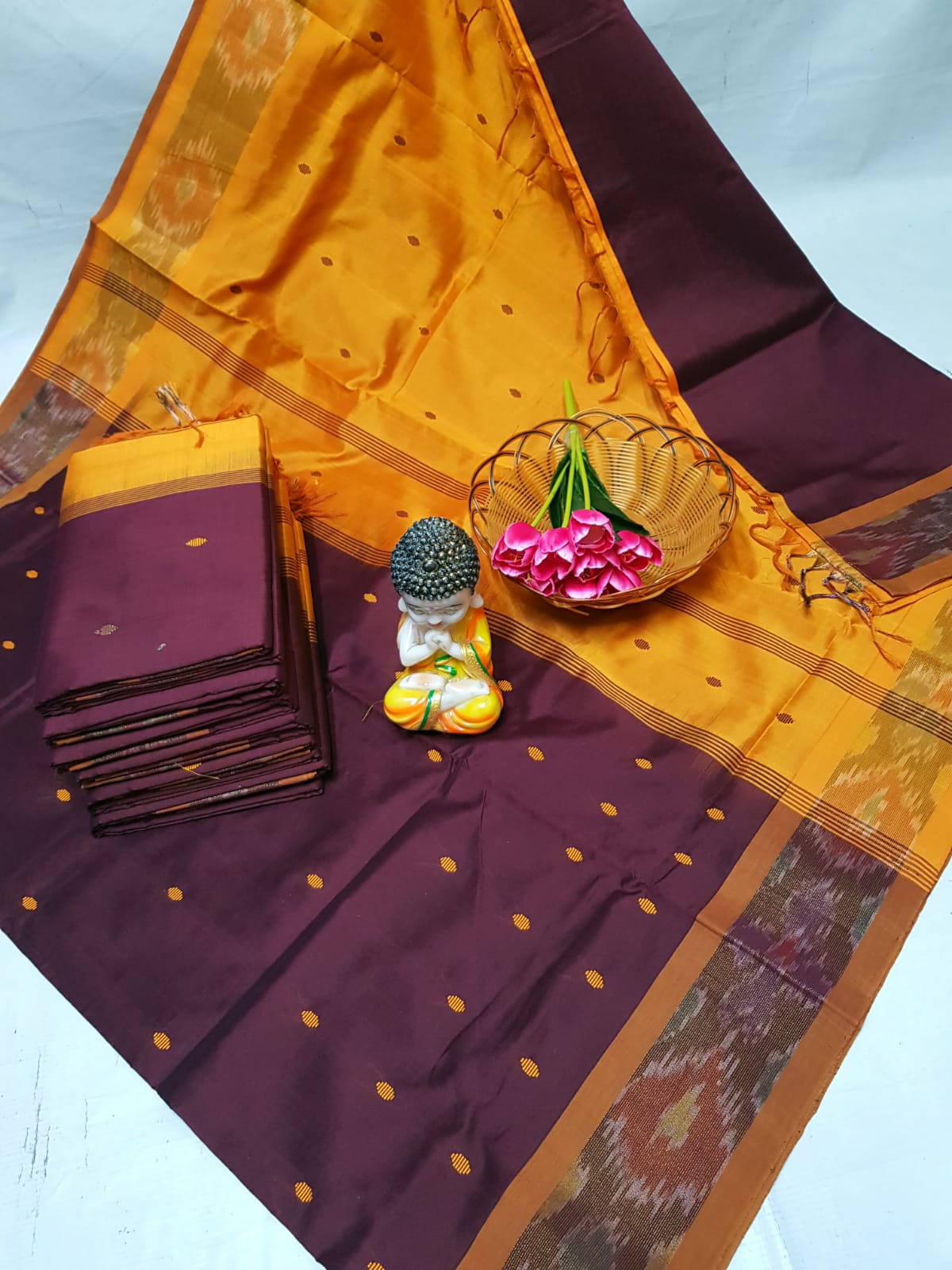 Chocolate brown Tripura silk sarees with Pochampally border