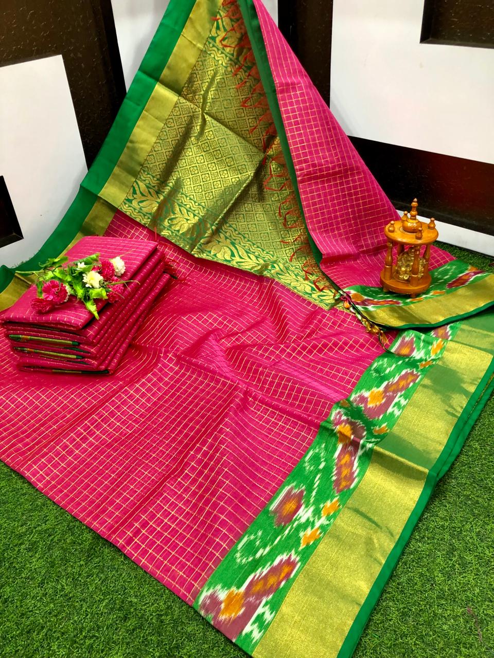 Dark pink chanderi kuppadam pochampally border sarees