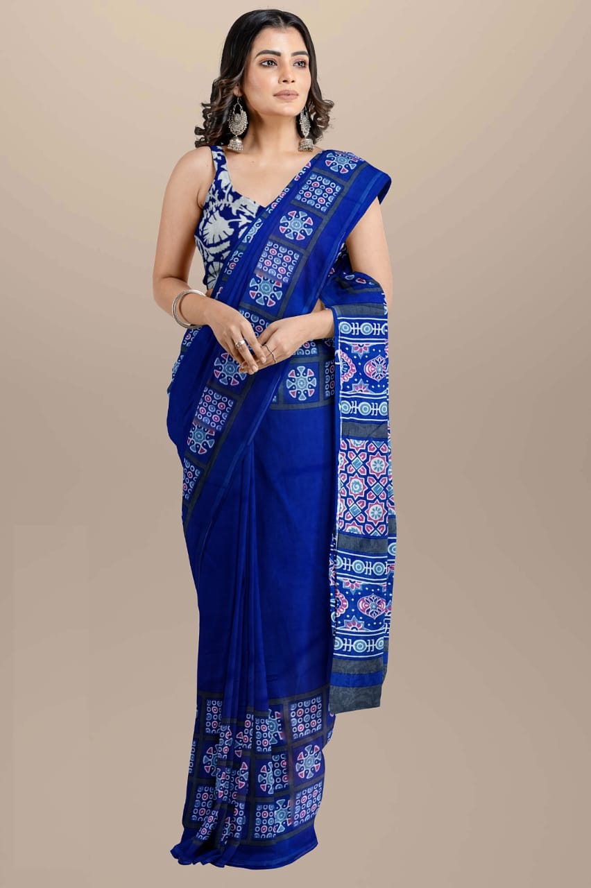 Dark blue Handblock printed mulmul cotton sarees