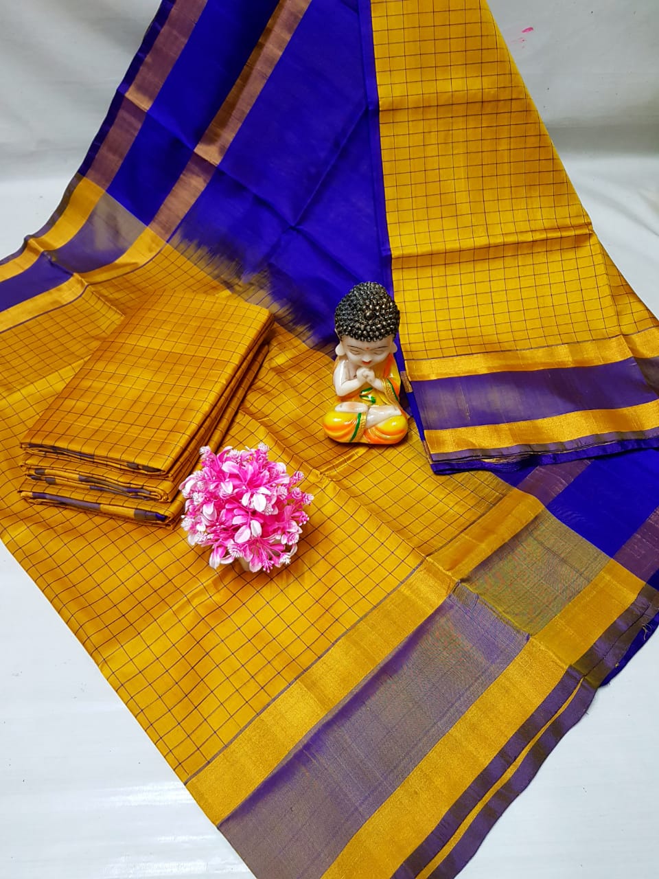 Yellow and Dark blue uppada mahanati checks sarees