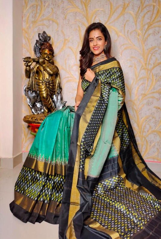 Green ikkat plain silk sarees