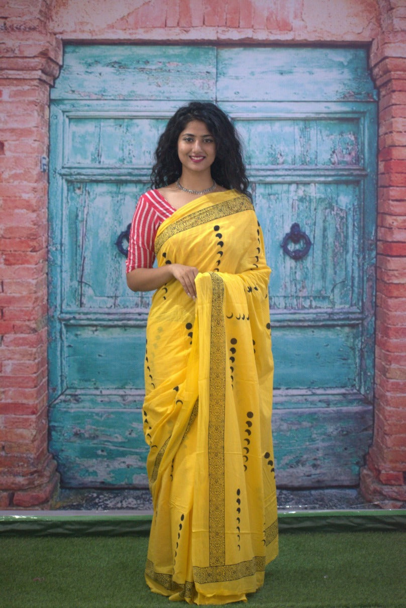 Yellow hand printed mulmul cotton sarees