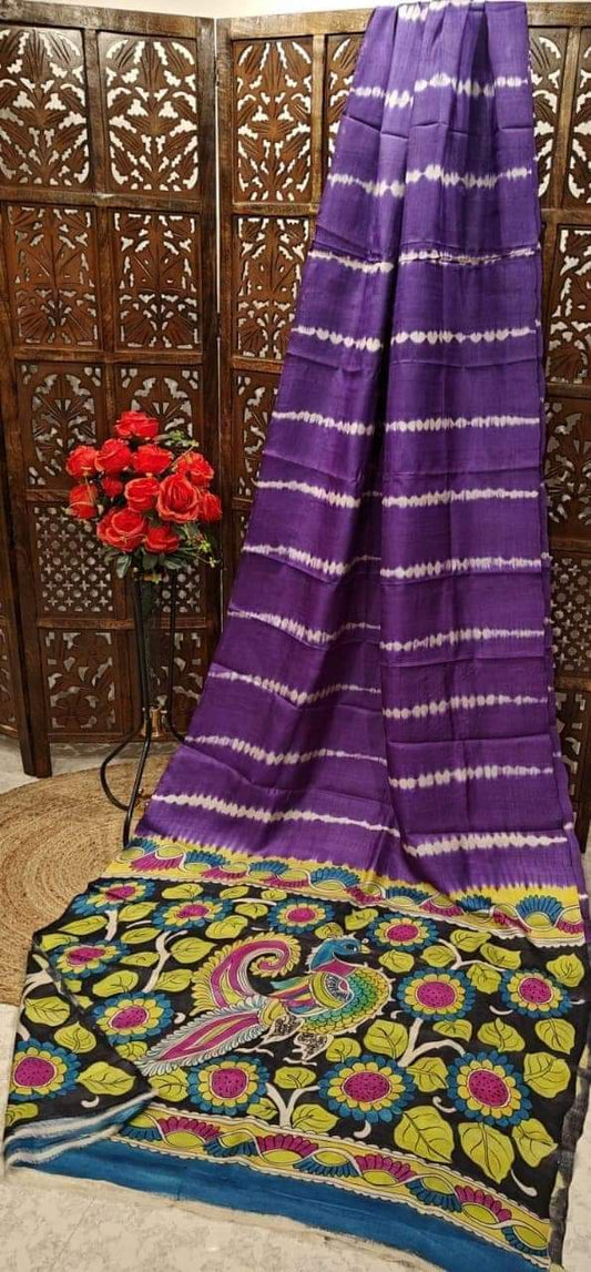 Dark purple pure tussar Silk shibori sarees