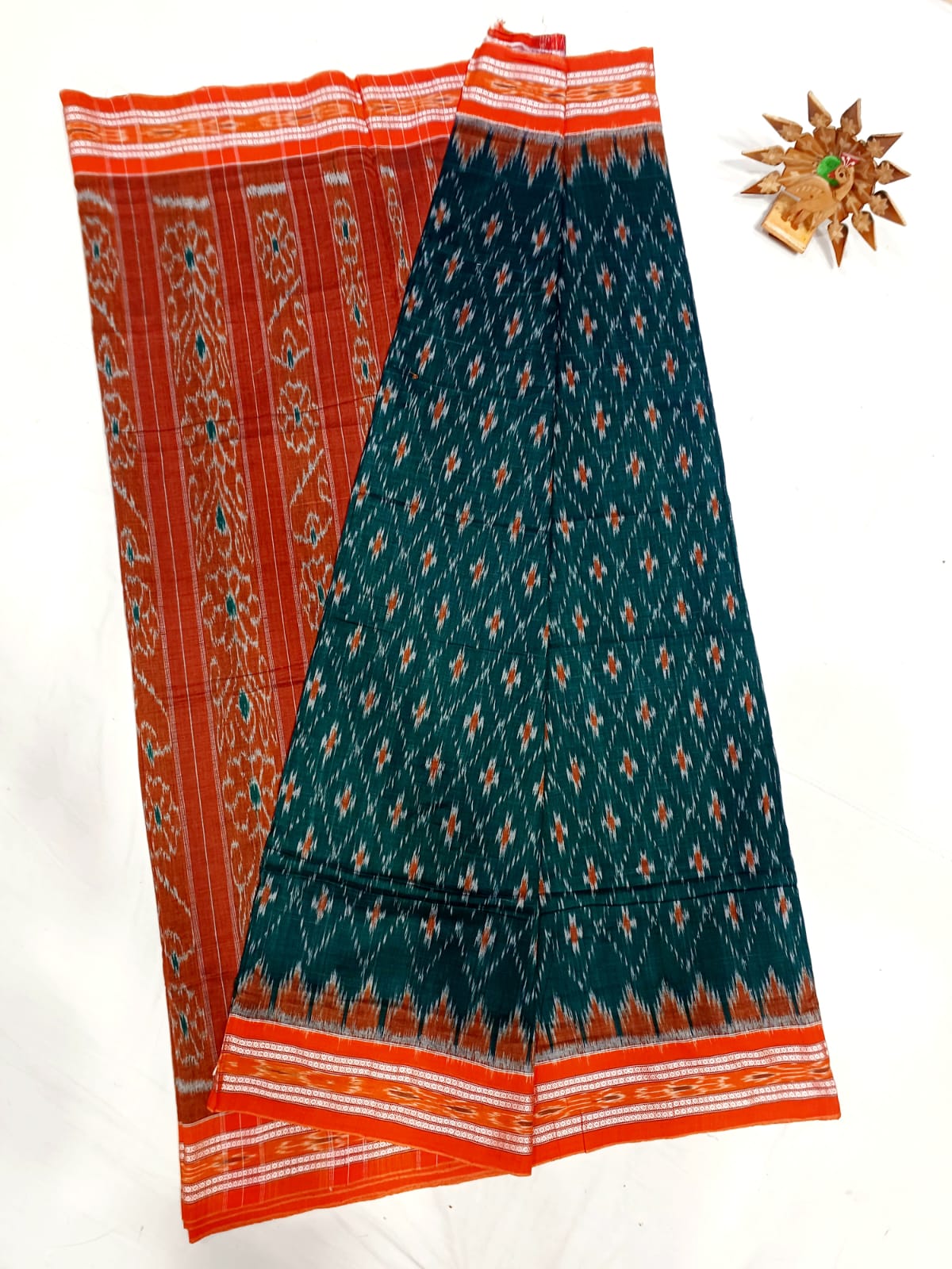 Dark peacock blue and orange ikkat mercerised Cotton sarees