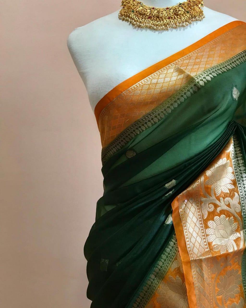 Bottle green Banarasi kora organza sarees